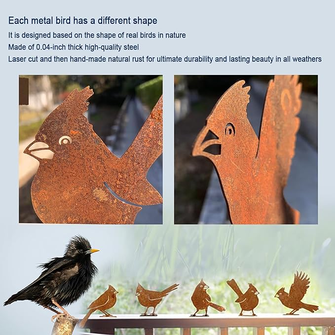 5PCS Rusty Metal Birds Decoration, Outdoor Fence Yard Decor, Metal Bird Art, Fence Decorations Outdoor, Rustic Garden Decor, Garden Sculptures Statues, Lawn Ornaments (Cardinal)