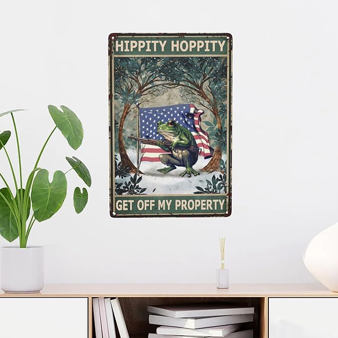 Vintage Metal Frog Door Sign - American Flag Design - Funny & Retro Room Decor - 8x12 Inch Tin Plate - for Garden, Home & Bedroom - 'Hippity Hoppity, Get Off My Property' No Trespassing Banner