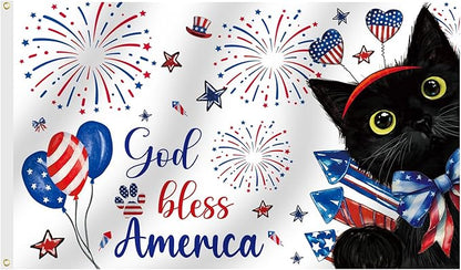 SENSEVEN Summer Black Cat 4th of July Flags for Outside 3x5 Ft,Memorial Day Holiday Flag,Cute Kitten Welcome Outdoor Banner for Porch Lawn Farmhouse Decor