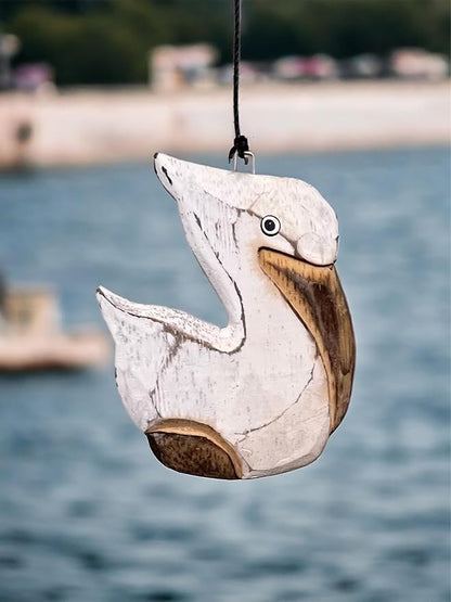 Coastal Pelican Windchime – Whitewashed Bamboo & Distressed White Wood Hanging Outdoor Garden Décor – Relaxing Calming Deep Tones
