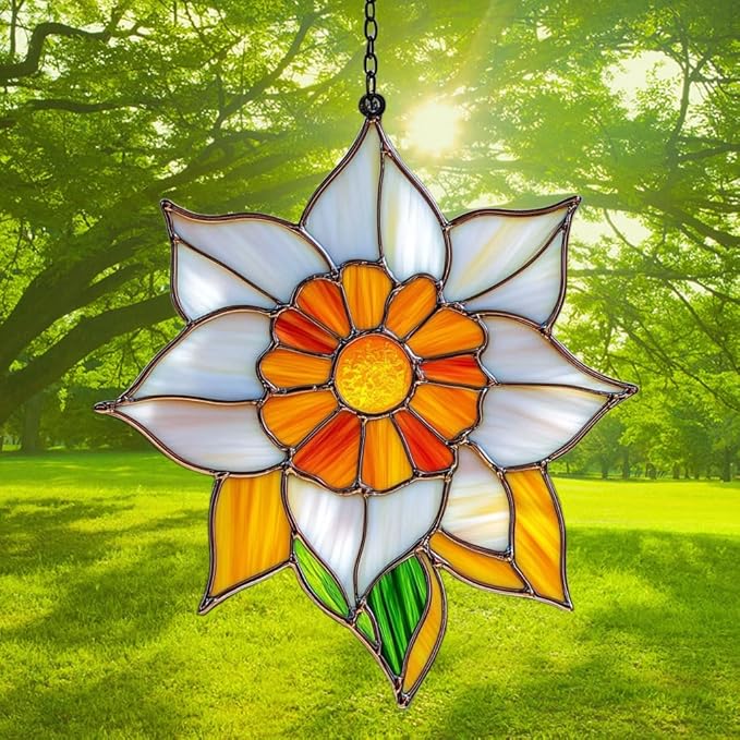 Narcissus Mosaic Style Acrylic Suncatcher Stained Glass Effect Window Car Hanging Christmas Ornament Indoor Outdoor Decor Garden Sun Catcher Panel for Floral Lover for Women Mom Grandma