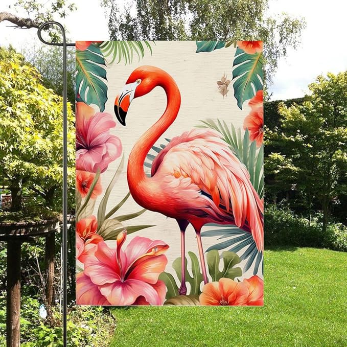 Gkyygk Pink Flamingo Welcome Garden Flag 12x18 Inch Double Sided Seasonal Yard Burlap Banners Outdoor Flag for Men Women