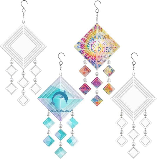 4Pack 8inch Sublimation Wind Spinner Blanks 3D Aluminum Metal Wind Sculpture Kinetic Spinners for Yard and Garden Indoor Art Ornaments Hanging Decoration (Rhombus)