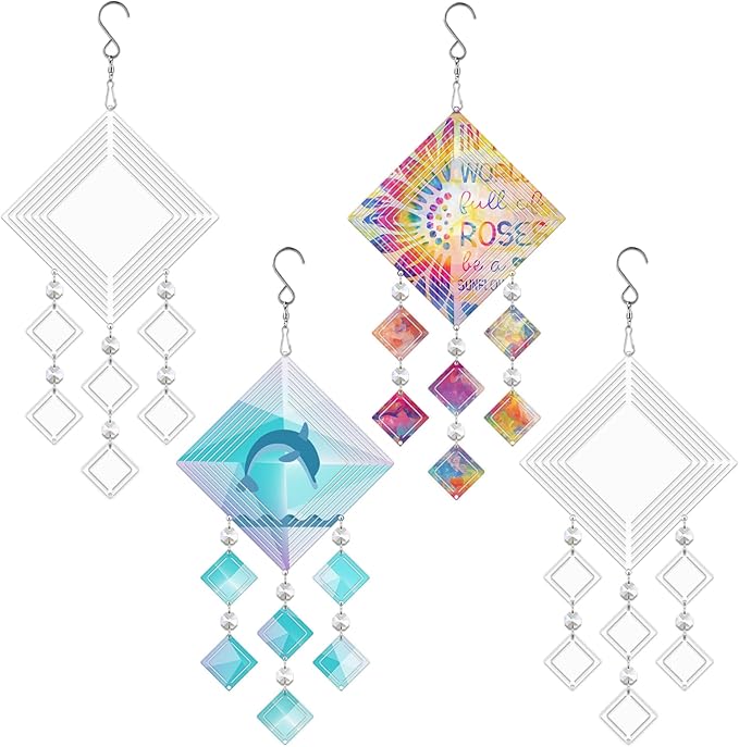 4Pack 10inch Sublimation Wind Spinner Blanks 3D Aluminum Metal Wind Sculpture Kinetic Spinners for Yard and Garden Indoor Art Ornaments Hanging Decoration (Rhombus)