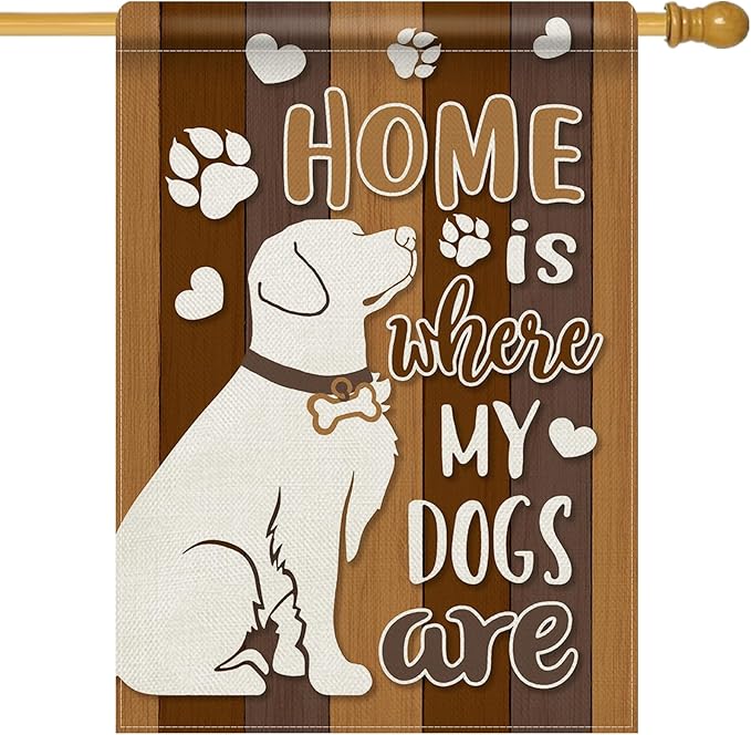 Dyrenson Home is Where My Dogs are 28 x 40 House Flag Double Sided, Pet Paw Print Garden Yard Decoration Dog Owner Lover Gifts, Farmhouse Rustic Burlap Outdoor Decor Decorative Large Flag