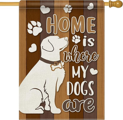 Dyrenson Home is Where My Dogs are 28 x 40 House Flag Double Sided, Pet Paw Print Garden Yard Decoration Dog Owner Lover Gifts, Farmhouse Rustic Burlap Outdoor Decor Decorative Large Flag