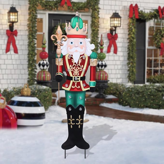 Christmas Yard Stakes Lighted Up Metal Christmas Yard Decorations LED King Nutcracker with Crown Scepter Lighted Stakes Outdoor Xmas Stake Lawn Pathway Outdoor Decoration