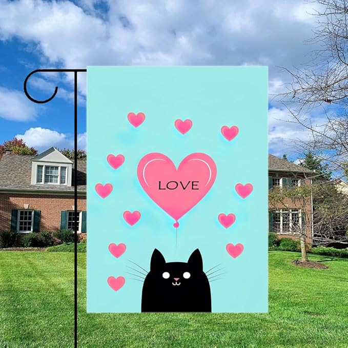 Gkyygk Garden Flag Black Cat Pink Love Heart Double Sided 12x18 Inch Banners Welcome Yard House Outside Outdoor Summer Decoration