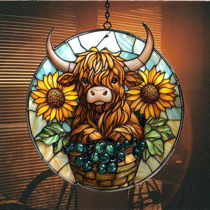 Highland Cow and Sunflower Mosaic Acrylic Suncatcher Stained Glass Effect Window Car Hanging Christmas Ornament Indoor Outdoor Decor Garden Sun Catcher Panel for Cow Lover for Women Mom Grandma