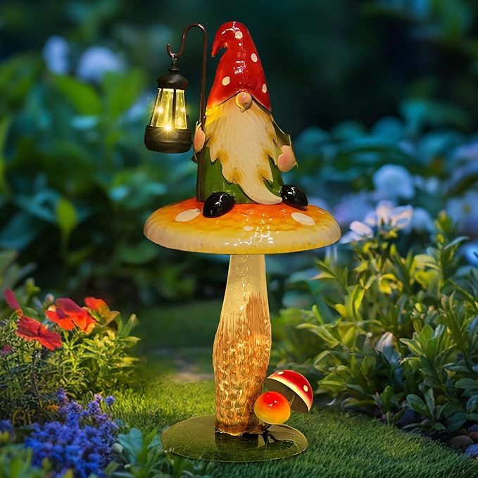 Solar Garden Gnomes Outdoor Statue, Waterproof Outdoor Mushroom Decor with Solar Lantern LED Lights for Yard, Patio, Lawn Ornaments, Valentines Day Gifts for Mom Women, Housewarming Gifts-16.5"