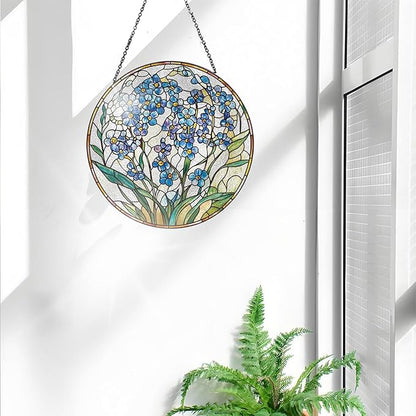 Bimkole Forget-Me-Not Stained Glass Suncatcher Window Hanging - Plants Indoor Window or Doorway Decoration - Handmade Sun Catcher Decor for Garden Home Christmas & Birthday Gifts 7.87x7.87 Inch