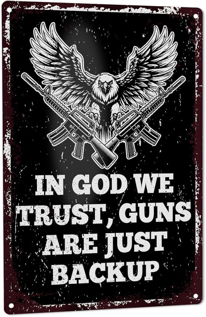 Gun Sign for Home Security No Trespassing Private Property Metal Tin Sign Patriotic Americana Wall Decor for Gun Room Firing Ranges Man Cave Garage Gun Lovers Gift 8" x 12", In God We Trust