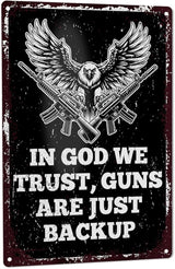 Gun Sign for Home Security No Trespassing Private Property Metal Tin Sign Patriotic Americana Wall Decor for Gun Room Firing Ranges Man Cave Garage Gun Lovers Gift 8" x 12", In God We Trust