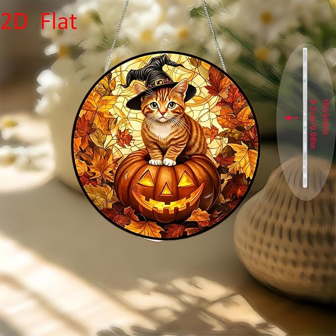 Halloween Sun Catcher for Window Hanging Pumpkin Cat Maple Leaves Acrylic Garden Fall Suncatcher Decor Colorfu Glass for Wall Home, Garden, Housewarming Women Neighbor Thanksgiving Decor Gifts7.87inch