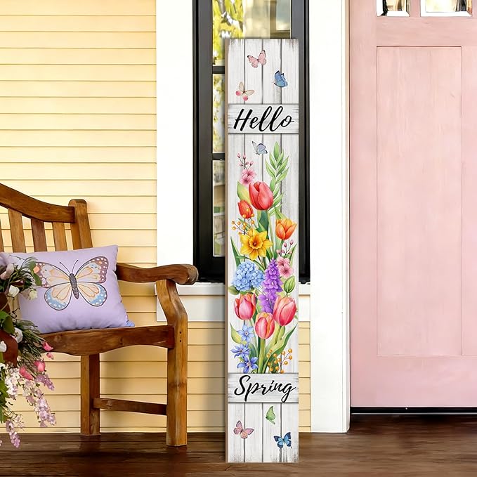 Hello Spring Porch Sign Tulip Butterflies Welcome Sign Rustic Vertical Standing Sign For Front Porch Decor Farmhouse Hanging Wall Sign for Patio Yard Party Indoor Outdoor Decoration 47.2"H