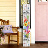 Hello Spring Porch Sign Tulip Butterflies Welcome Sign Rustic Vertical Standing Sign For Front Porch Decor Farmhouse Hanging Wall Sign for Patio Yard Party Indoor Outdoor Decoration 47.2"H