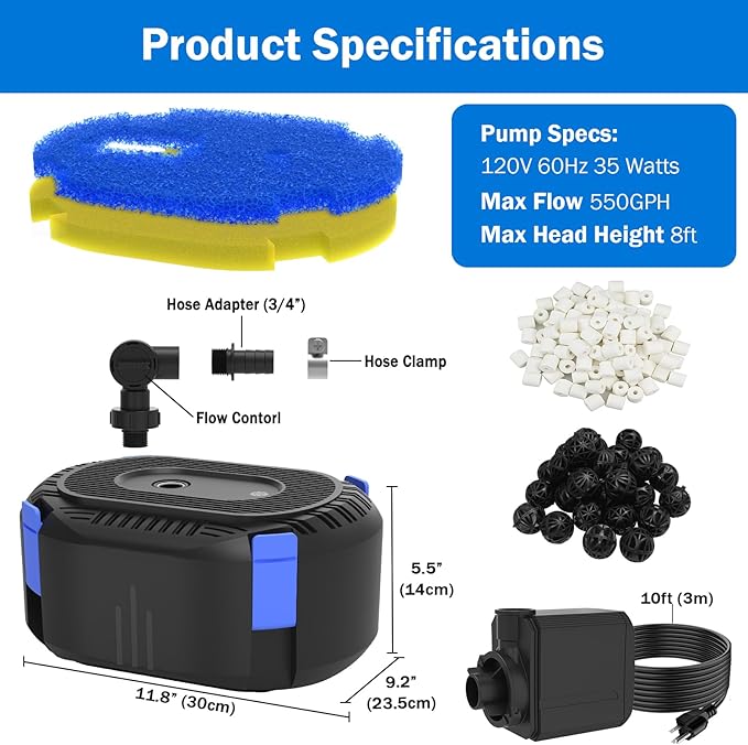 AquaMiracle Pond Waterfall Kit with Lights | 8" Stainless Steel Waterfall Spillway & 550GPH Water Pump | 4-Stage Filtration | Remote Control LED | for Pond, Pool, Backyard | for 200-500 Gal Water