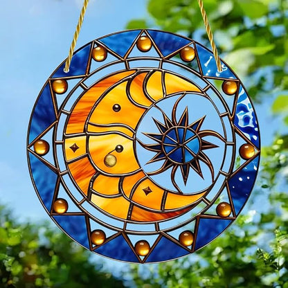 Sun and Moon Stained Window Hangings with Chain – Acrylic Retro Ornament for Garden, Patio and Indoor Decor, Housewarming Gift for Mom, Grandma and Space Lover