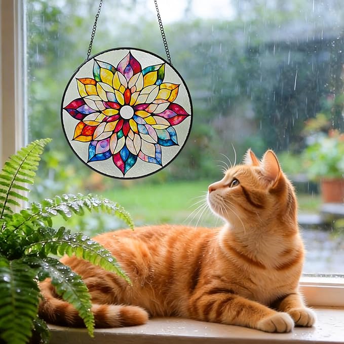 8'' Colorful Mandala Stained Glass Window Hanging, Suncatcher for Window Decor, Stained Glass Sun Catchers, Gifts for Women, Flower Lover, Christmas, Mother's Day, Birthdays