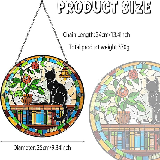 Cat Sun Catcher Stained Glass Window Hanging 9.8'', Book Lover Gifts for Women Book Wall Decor Handmade Sun Catcher Black Cat Sitting On Bookshelf Decoration for Home Room Housewarming Gifts