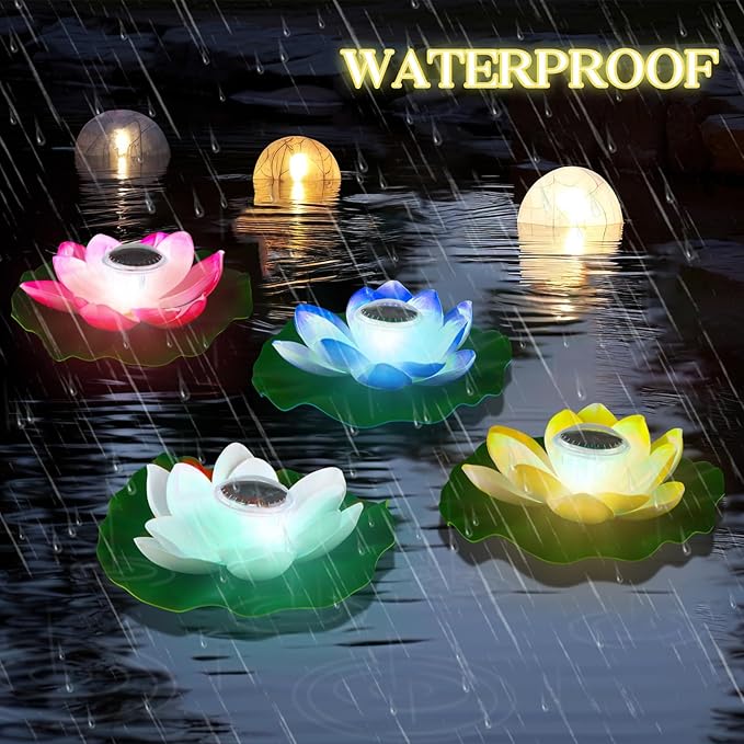 VIHOSE 4 Pcs 11 Inch Diwali Solar Pond Pool Light Floating Lotus Lamp Lily Pad Flower Pool Light Solar Floating for Pond Garden Decoration