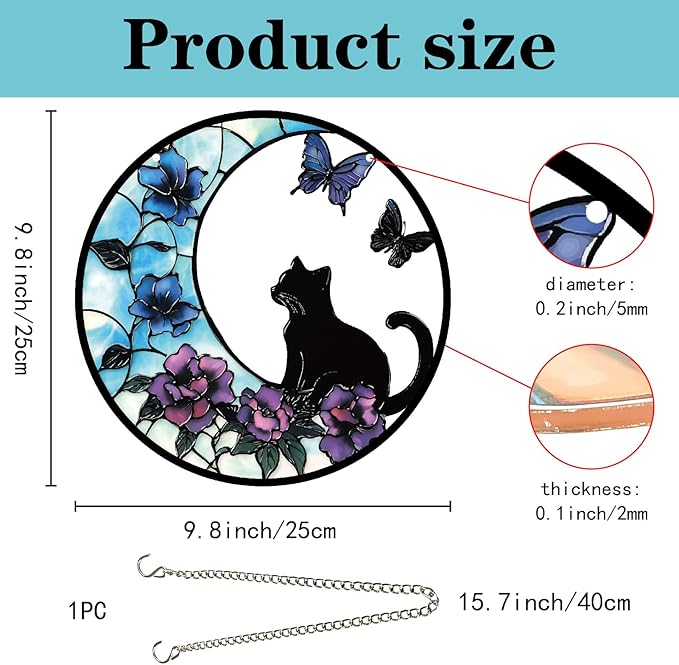 CREATCABIN Cat Window Suncatcher Stained Acrylic Glass Window Hanging Decor 9.8 Inch Round Panel with Metal Chain Flower Butterfly Sun Catcher Wall Art for Home Garden Halloween Christmas Decor