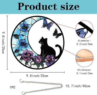 CREATCABIN Cat Window Suncatcher Stained Acrylic Glass Window Hanging Decor 9.8 Inch Round Panel with Metal Chain Flower Butterfly Sun Catcher Wall Art for Home Garden Halloween Christmas Decor