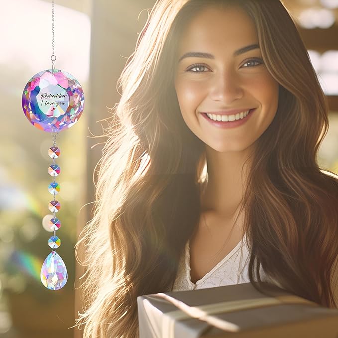 Remember I Love You Crystal Sun Catcher - 22 Inch Hanging Prism Ornament, K9 Crystal Rainbow Decor for Window Garden, Ideal Gifts for Mom Wife Girlfriend on Christmas Birthday Anniversary