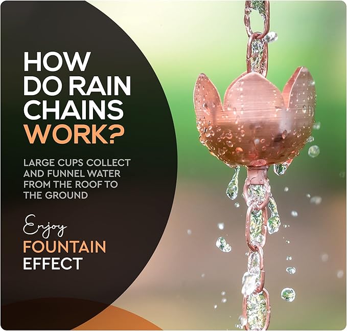 Copper Rain Chain – Decorative Chimes & Cups Replace Gutter Downspout & Divert Water Away from Home for Stunning Fountain Display – 6.5’ Long for Universal Fit – Flower Style