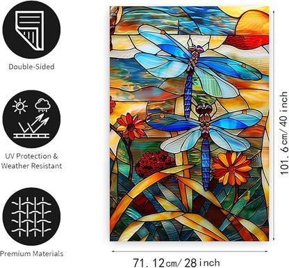 Stained Glass Dragonfly Garden Flag Spring Summer House Flag Fall Floral Decorative Yard Flags for Outside 28x40 Double Sided Large Seasonal Lawn Flags Rustic Outdoor Decor