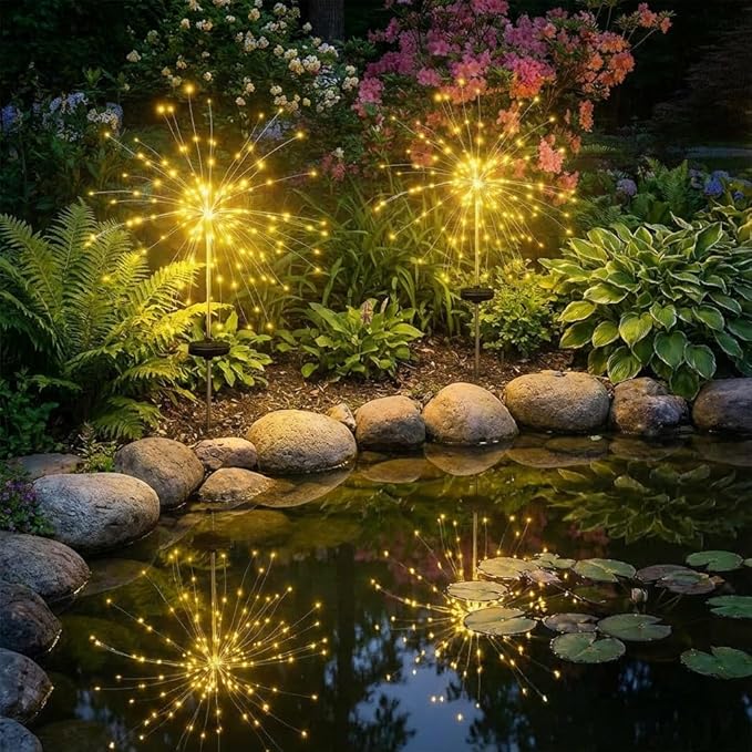 2 Pack Solar Firework Lights Outdoor, Adjustable 32" to 51" Extra Tall, Verified 200 LED Warm White Stainless Steel 3-Section Pole, 8 Modes Waterproof Starburst Garden Lights for Patio Walkway