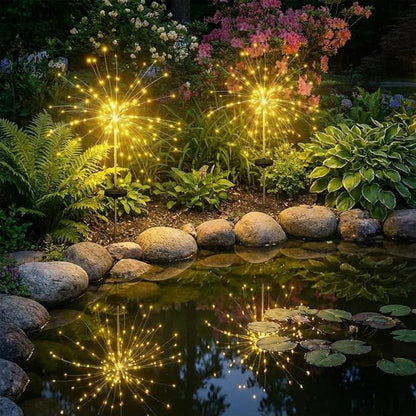 2 Pack Solar Firework Lights Outdoor, Adjustable 32" to 51" Extra Tall, Verified 200 LED Warm White Stainless Steel 3-Section Pole, 8 Modes Waterproof Starburst Garden Lights for Patio Walkway