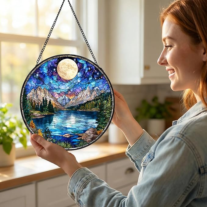 Stained Glass Sun Catcher Window Hanging - Sunset Mountains Lake Tree Design, Indoor Decor Gifts for Mother's Day, Birthday, Christmas - Perfect for Women, Men, Mom Home Window Decor (Blue) 7.8 in