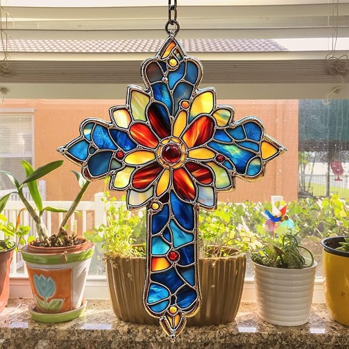 Mosaic Style Cross Acrylic Suncatcher Stained Glass Effect Window Car Hanging Christmas Ornament Indoor Outdoor Decor Garden Memorial Sun Catcher for Family Christmas Jesus Gift for Women Mom Grandma