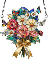 Personalized Grandma Flower Stained Glass Suncatchers, Custom Name Mom Sun Catcher, Mothers Day Flower Bouquet Acrylic Window Hanging Ornament, Mother's Day Christmas Birthday Gifts (Style 13)