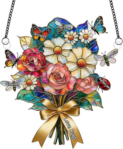 Personalized Grandma Flower Stained Glass Suncatchers, Custom Name Mom Sun Catcher, Mothers Day Flower Bouquet Acrylic Window Hanging Ornament, Mother's Day Christmas Birthday Gifts (Style 13)