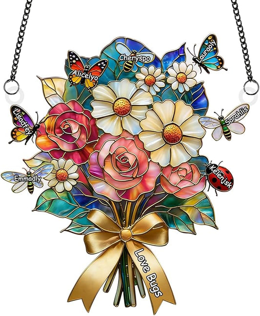 Personalized Grandma Flower Stained Glass Suncatchers, Custom Name Mom Sun Catcher, Mothers Day Flower Bouquet Acrylic Window Hanging Ornament, Mother's Day Christmas Birthday Gifts (Style 13)