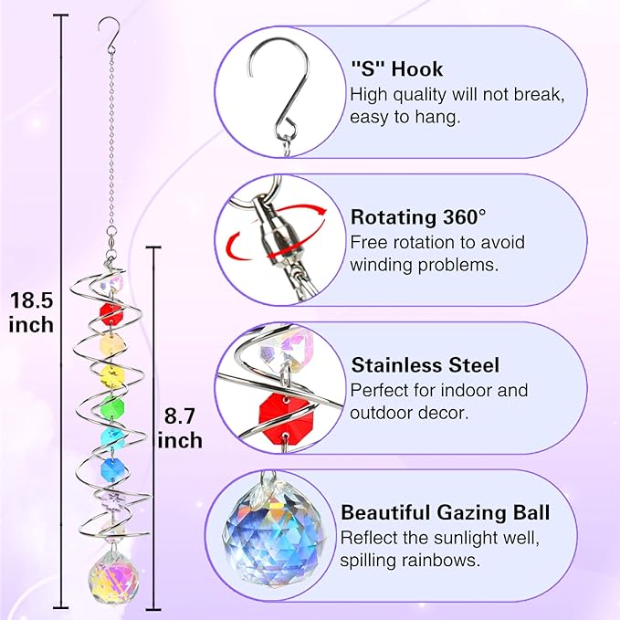 GWAHSA Suncatcher Wind Spinner Gazing Ball Spiral Tail, Crystal Sun Catchers with Seven Chakra Beads Window Hanging for Indoor Home Outdoor Garden Decor Wedding Birthday Party Gifts for Girl Women Mom