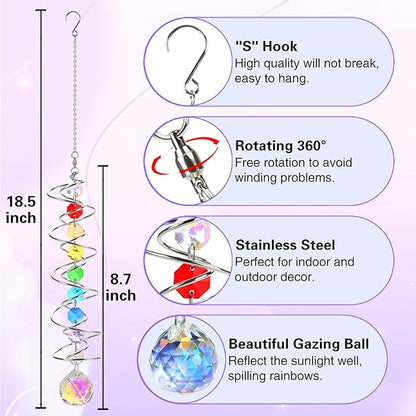 GWAHSA Suncatcher Wind Spinner Gazing Ball Spiral Tail, Crystal Sun Catchers with Seven Chakra Beads Window Hanging for Indoor Home Outdoor Garden Decor Wedding Birthday Party Gifts for Girl Women Mom