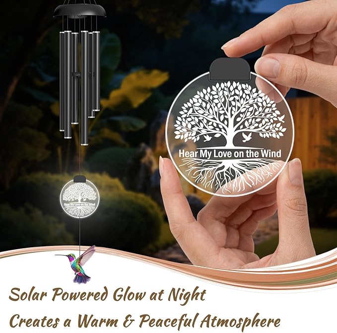 37" Solar Wind Chimes for Outside, Memorial Wind Chimes with Solar Powered Acrylic Lights & Hand-Painted Hummingbird – Sympathy Gift for Loss of Loved One, Outdoor Wind Chimes for Garden, Patio, Yard