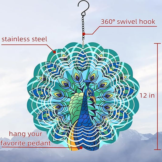 Metal Wind Spinners Outdoor Hanging Wind Spinner for Yard and Garden Decor for Outside,12In 3D Stainless Steel Peacock Wind Chime Christmas of Gifts for Women Mom