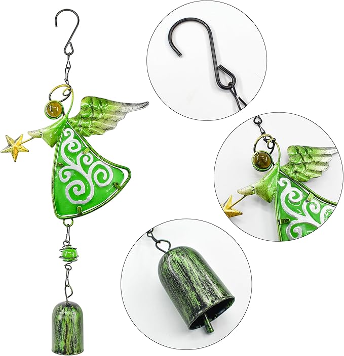 MrMrKura Metal Angel Wind Chime Hanging Decoration Ornament Bells Wing Angel Bell Decorative Hanging Bells, Gifts for Home Garden Decor Crafts (Green)