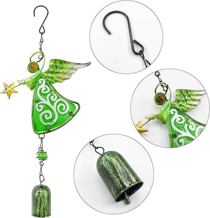 MrMrKura Metal Angel Wind Chime Hanging Decoration Ornament Bells Wing Angel Bell Decorative Hanging Bells, Gifts for Home Garden Decor Crafts (Green)