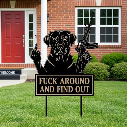 F Around & Find Out Dog Sentry Metal Dogs Silhouette Garden Stake with Middle Finger &Weapon Sign, FAFO Security Sign Middle Finger Dog Statue Decor for Outdoor Yard Patio (Labrador, 6 * 12")