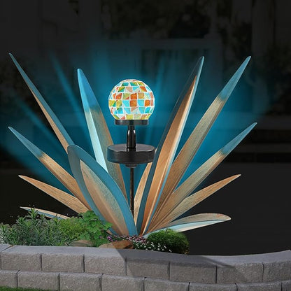 TOMBABY Solar Rustic Garden Style Metal Agave Plants Outdoor Patio, Home Decor Hand-Painted Metal Agave Garden Patio Statues, Suitable for Desert Areas, Outdoor Lawn Decorations (3 Solar Blue)