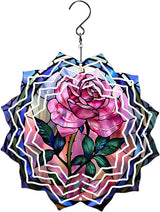 8 Inch Sublimation Wind Spinner, 3D Aluminum Metal Wind Spinner with Hook, Indoor Yard Garden Hanging Decoration, Weather Resistant Rotating Spiral Ornament, Stained Glass Rose