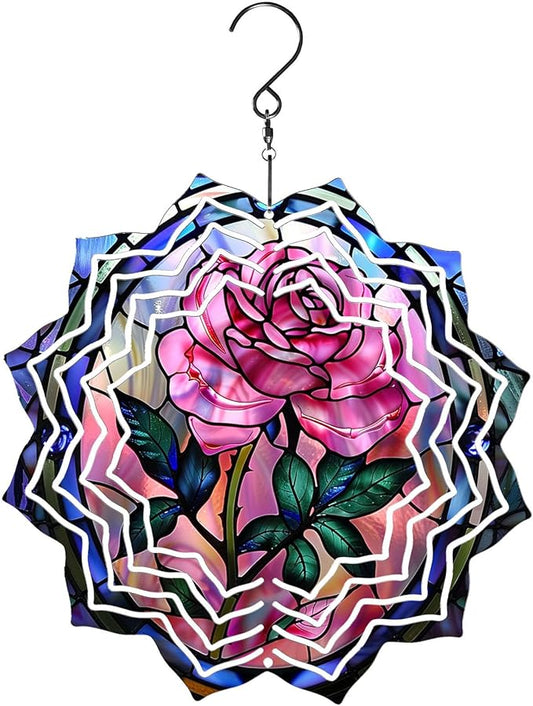 8 Inch Sublimation Wind Spinner, 3D Aluminum Metal Wind Spinner with Hook, Indoor Yard Garden Hanging Decoration, Weather Resistant Rotating Spiral Ornament, Stained Glass Rose
