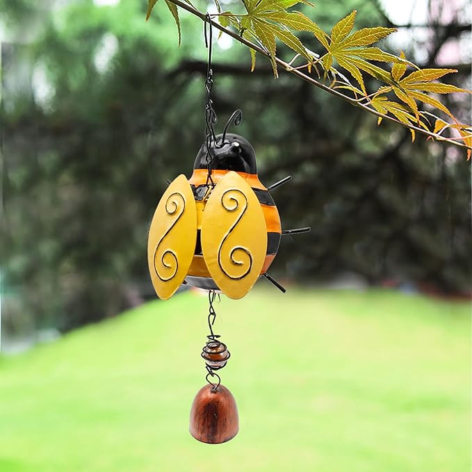 2 Pcs Metal Bee Wind Bells, Small Insect Chime Decor for Garden Yard Patio, Lucky Hanging Rustic Home Ornament, Indoor Outdoor Iron Stereo Hanging Bell