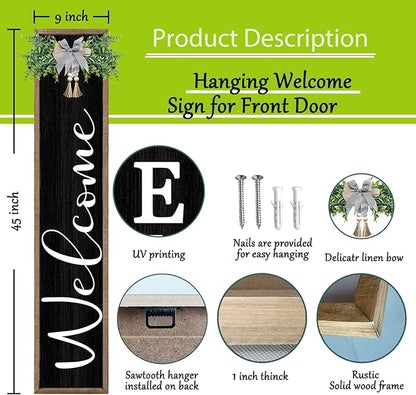 flowtorely Outdoor Welcome Sign for Front Porch Standing 45"×9" Vertical Leaner Wood Frame Tall Outside Rustic Large farmhouse Home Decor Welcome Sign for Front Door Decorations (Wood Black)