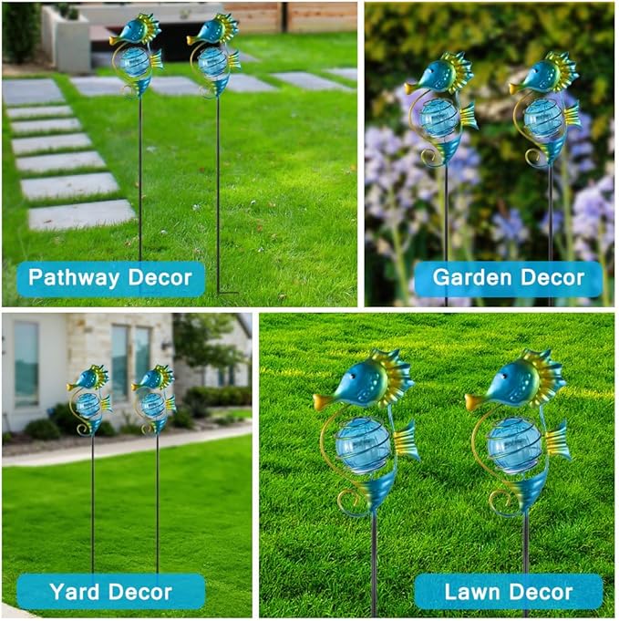 Solar Lights Outdoor 2 Pack, Metal Garden Decorative Stake Solar Lights Blue Seahorse Decor for Garden, Pathway, Lawn, Patio, Yard